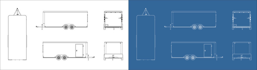 Set 20' trailer. Blueprint and wireframe mesh art. 8.5x20 feet Recreational Vehicle RV concept illustration with all side isolated on a transparent background.