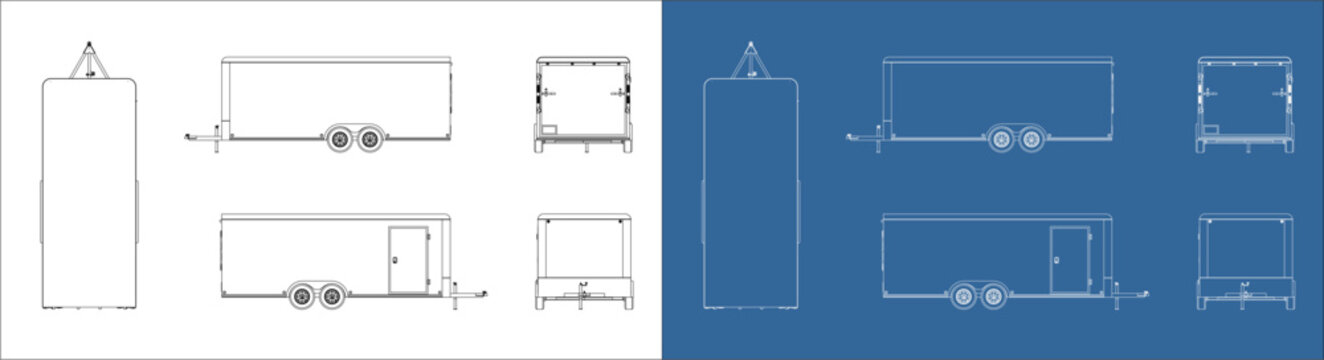 Set 20' trailer. Blueprint and wireframe mesh art. 8.5x20 feet Recreational Vehicle RV concept illustration with all side isolated on a transparent background.