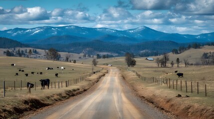 Countryside road trip scenic landscape of mountains and cows with blue sky and fence rural farm drive 100