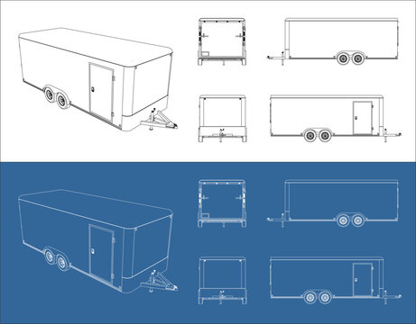 Set Outline of 20' trailer enclosed technical drawing line art. Front, back, side, top view. 8.5x20 feet industrial draw. blueprint Vector illustration isolated on transparent background
