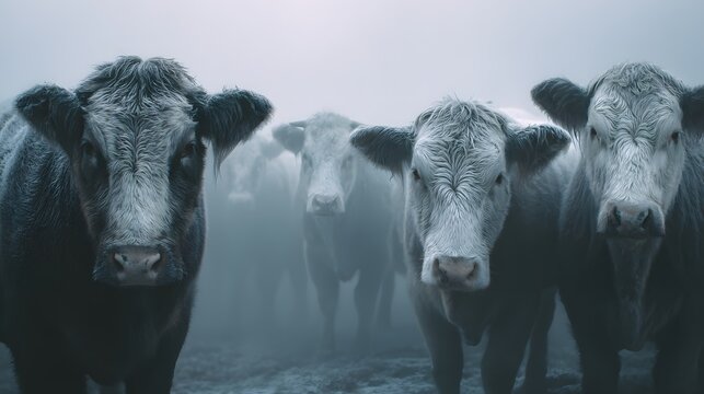 Foggy farm cows livestock animal agriculture cattle herd grazing rural misty pasture countryside farm animal
