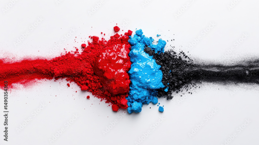 Poster vibrant red, blue, and black powder pigments collide on white background, creating dynamic and color