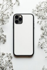 Minimalist Smartphone on White Background Surrounded by Flowers
