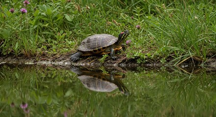 Obraz premium Close-Up of Turtle by Water's Edge in Grass