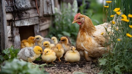 Fototapeta premium Mother hen and chicks in garden backyard farm poultry chicken coop cute baby animal family free range fowl birds