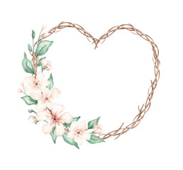 Watercolor floral wreath in heart shape. Spring nature leaves and flowers. Isolated on white. Perfect for designing Wedding, Valentine's day greeting card, invitation, banner, wall art