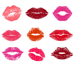 Lipstick kiss print isolated set. red lips set. Different shapes of female sexy pink and red lips. Sexy lips makeup, kiss mouth. Female mouth. Print of lips kiss background