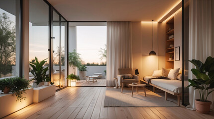 Fototapeta premium minimalist guest bedroom in villa earthy tones wooden bed and couch peaceful view natural lighting cozy styling warm modern restful atmosphere decor villa Interior design