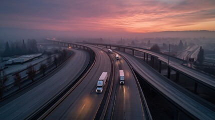 Obraz premium Refrigerated Trucks on Misty Highway Overpasses