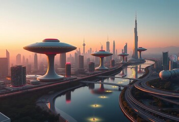 Futuristic city skyline with flying saucers above a glowing river, neon, concept art