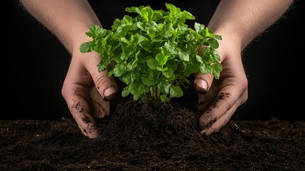 Hands gently cupping soil around a newly planted seedling