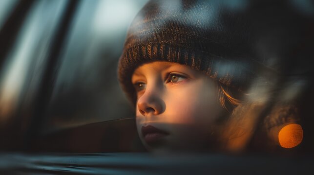 Child portrait in car window a captivating close up of a young boy with beanie looking out thoughtfully - Powered by Adobe