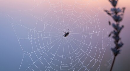 Obraz premium Close-Up of Dew-Covered Spiderweb at Sunrise