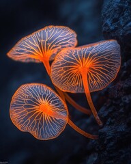 Glowing orange mushrooms on dark rock
