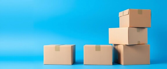 Fototapeta premium Four cardboard boxes stacked against a vibrant blue background, delivery, commerce