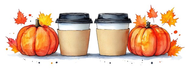 Autumn coffee, pumpkins, leaves. Fall beverage