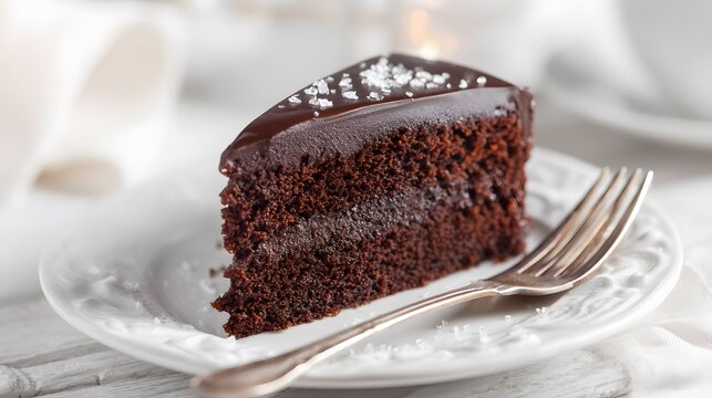 Delicious chocolate cake slice with fudge frosting dessert recipe food photography and fork closeup view