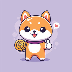 cute  Shiba Inu Character Holding Gold Coin Vector Illustration