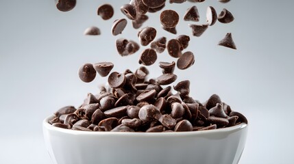 Obraz premium Chocolate chips falling into a bowl delicious dessert baking ingredients sweet treat cocoa goodness 100g