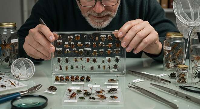 Entomologist Examining Insect Collection Close-Up