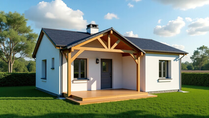 Fototapeta premium cozy white house with wooden porch located on green lawn.