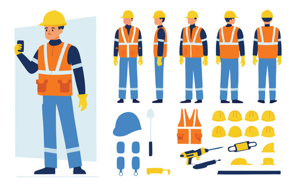 
Construction worker, builder in helmet, vest, uniform. Character constructor for animation. Front, side and back view set. Body parts, postures