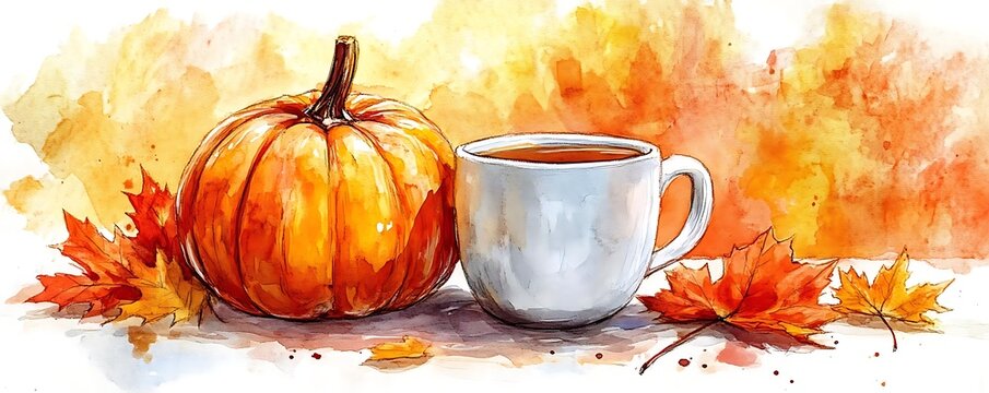 Autumn pumpkin, tea, leaves. Cozy fall scene