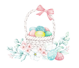 Spring Easter illustration isolated on white background. Birdhouse with spring leaves and flowers. Hand drawn by watercolor. Floral Easter design. 