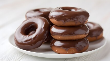 Chocolate glazed donuts stacked on a plate for delicious dessert food photography and sweet treat indulgence