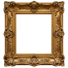 Ornate gold picture frame with vintage design isolated on a black background