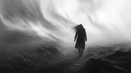 A person walks purposefully against a strong wind, showcasing resilience and determination amidst challenging weather conditions.