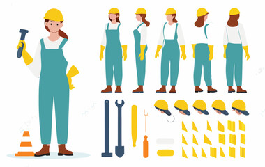 Industrial technician worker wearing helmet, overall uniform holding wrench tool. Character for animation. Front, side and back view set. Body parts, postures, poses collection