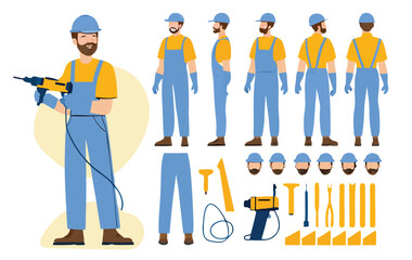 Industrial maintenance worker wearing helmet, overall uniform holding drill tool. Character for animation. Front, side and back view set. Body parts, postures, poses collection