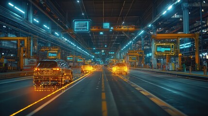 Obraz premium Futuristic Smart Factory: Autonomous Vehicles Navigate a High-Tech Production Line