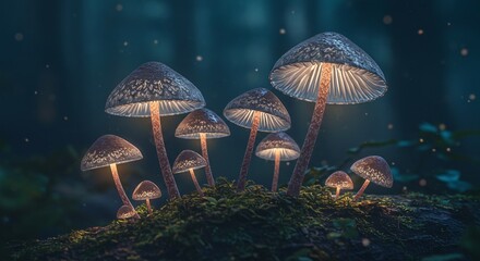 Enchanted mushrooms glow in a magical forest scene at night time