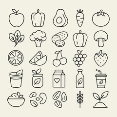 A collection of 25 clean and modern black line icons representing healthy eating and vegetarian food. Includes icons of fruits, vegetables, smoothies, salads, nuts, grains, and eco-friendly elements. 