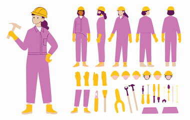 Technician worker wearing overall uniform, protective goggle holding hammer tool. Character for animation. Front, side and back view set. Body parts, postures