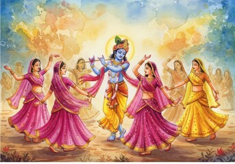 Illustration of Krishna – Divine Hindu God Playing Flute with Spiritual Aura PNG