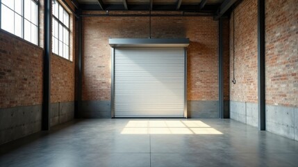 Obraz premium Spacious Industrial Loft with Roll-Up Door and Sunlight Streaming Through Large Windows