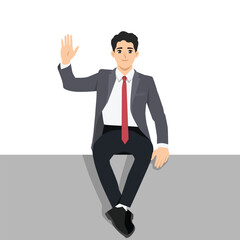 Businessman in a suit and red tie sits casually while waving hello Flat Vector character illustration