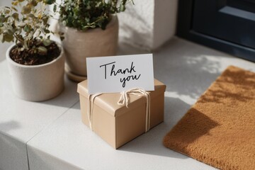 Expressing gratitude with a Thank You note on a gift box. A gesture of appreciation and kindness. Delivery and home concept.