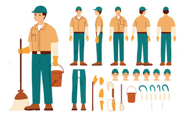 Janitor worker, cleaner wearing uniform holding mop and bucket. Character for animation. Front, side and back view set. Body parts, postures, poses collection.