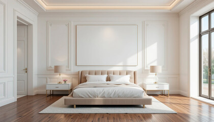 modern bedroom with big blank poster hanging on snow-white wall. The room is tastefully furnished in minimalist style,