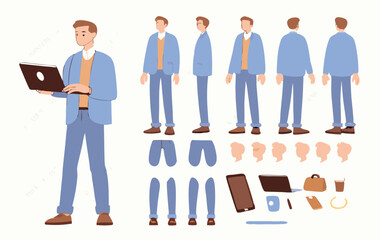 Business man holding laptop. Character constructor for animation. Front, side and back view set. Body parts, postures, poses collection