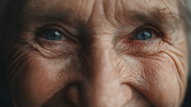 Close up portrait of elderly woman with blue eyes and wrinkles showing aging and wisdom face detail