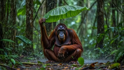 Obraz premium Orangutan Using Leaf as Umbrella During Tropical Rainstorm