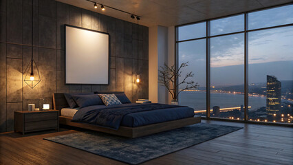 modern bedroom with big blank poster hanging on snow-white wall. The room is tastefully furnished in minimalist style,