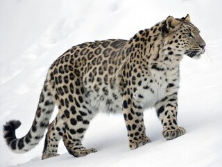 Naklejka premium Spotted leopard isolated on snow background. A leopard is walking through the snow. The snow is white and the leopard is brown.