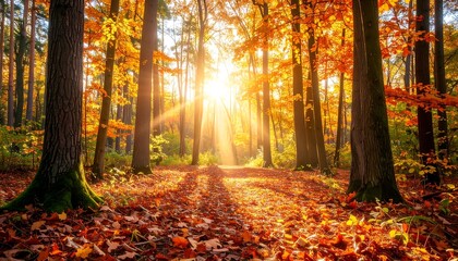 Naklejka premium Autumnal Forest Path: Golden Sunlight Dappling Through Trees