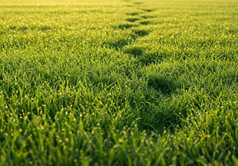 Obraz premium Footprints on a green grass field with morning dew. Natural texture and pattern for outdoor background. Growth and fresh nature concept.